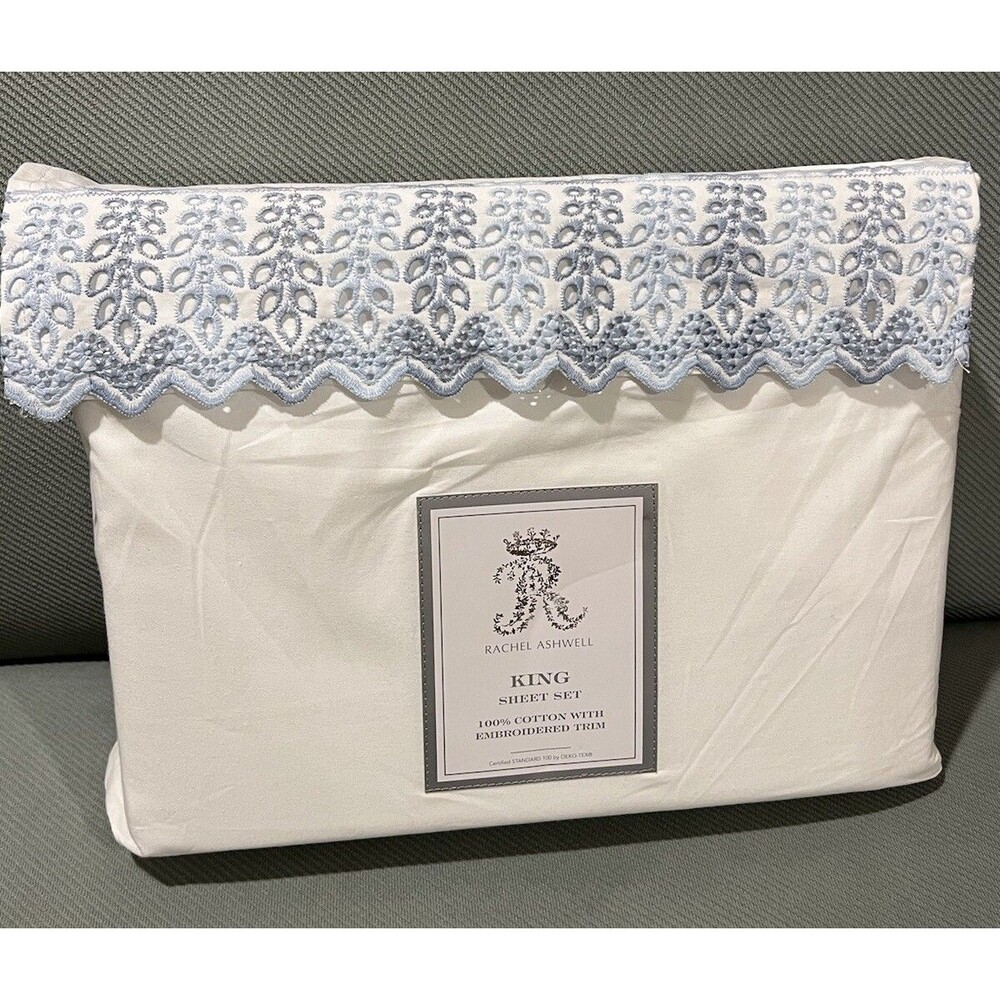 Rachel Ashwell Embroidered Blue Eyelet Hem KING Sheet Set 100% Cotton White New